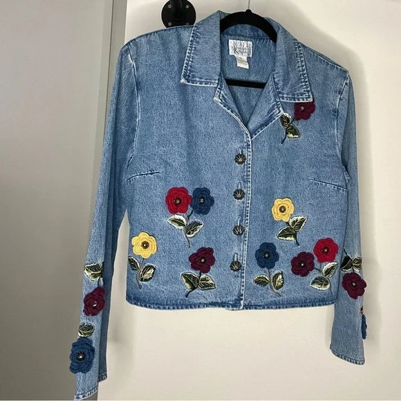 Vintage Y2K Rosette Crochet Denim Jacket - Picture 1 of 10